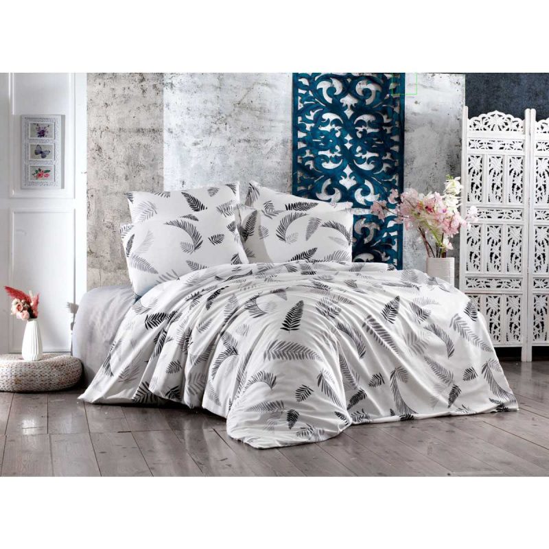 Çift Kişilik Lastikli Çarşaflı Pamuklu Nevresim Takımı Gray Leaf