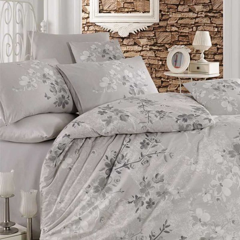 Çift Kişilik Nevresim Takımı Pamuklu Gümüş Çiçek