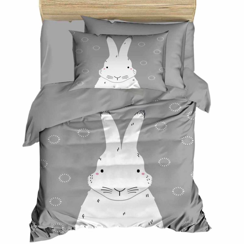 Yenidoğan Kız / Erkek Unisex Bebek Nevresim Takımı %100 Pamuklu Gri Tavşan