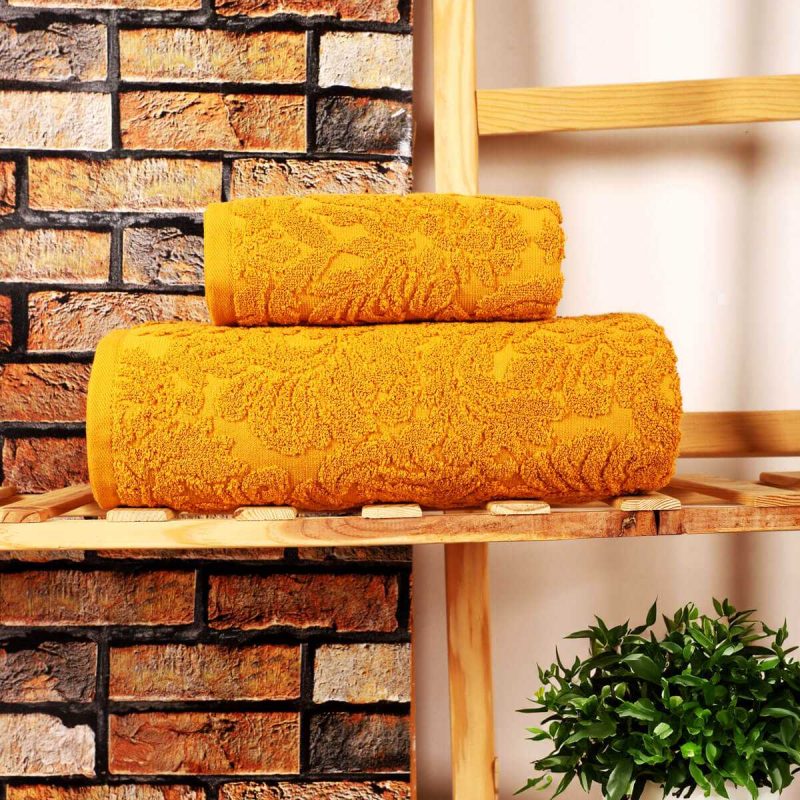 Mira Home 2 Parça Jakarlı Banyo Havlu Takımı Doku Desen Sarı