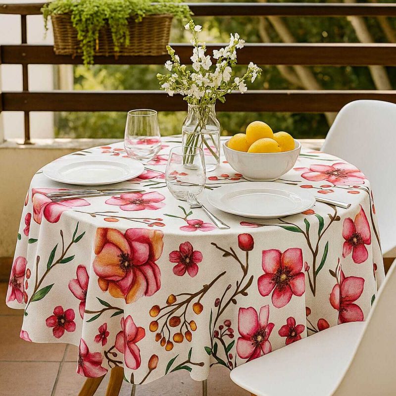 Yuvarlak Çiçek Desenli Duck Kumaş Masa Örtüsü 150x150 Cm
