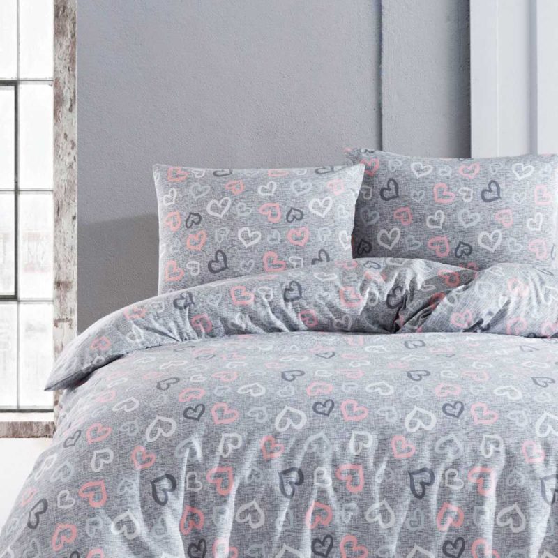 Çift Kişilik Nevresim Takımı Pamuklu Romantik Gri
