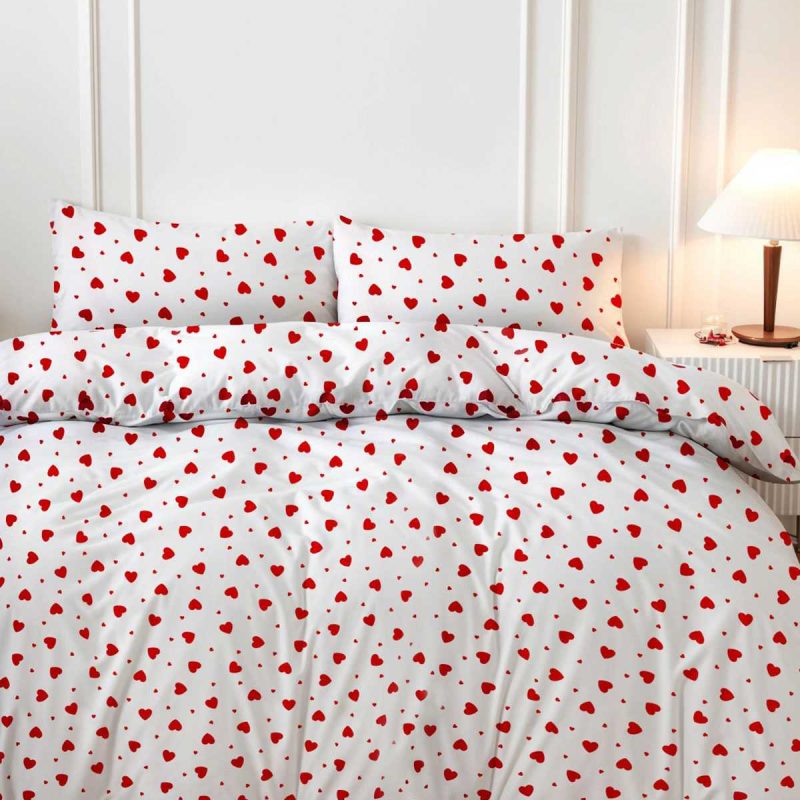 Kırmızı Kalpli Çift Kişilik Nevresim Takımı Pamuklu 180x200 Cm