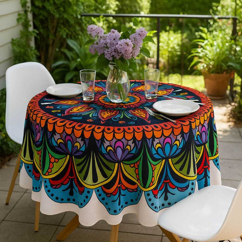Yuvarlak Etnik Desenli Duck Kumaş Masa Örtüsü 150X150 Cm