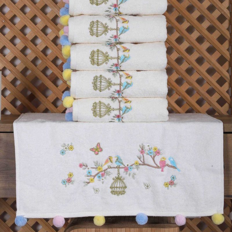 6 lı Kuş Nakışlı El Yüz Havlu Seti Ponponlu Havlu Takımı 50 x 90 Cm