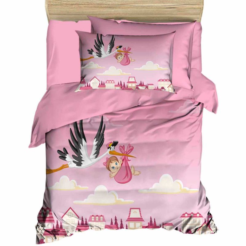 Yenidoğan Kız Bebek Nevresim Takımı %100 Pamuklu Leylek