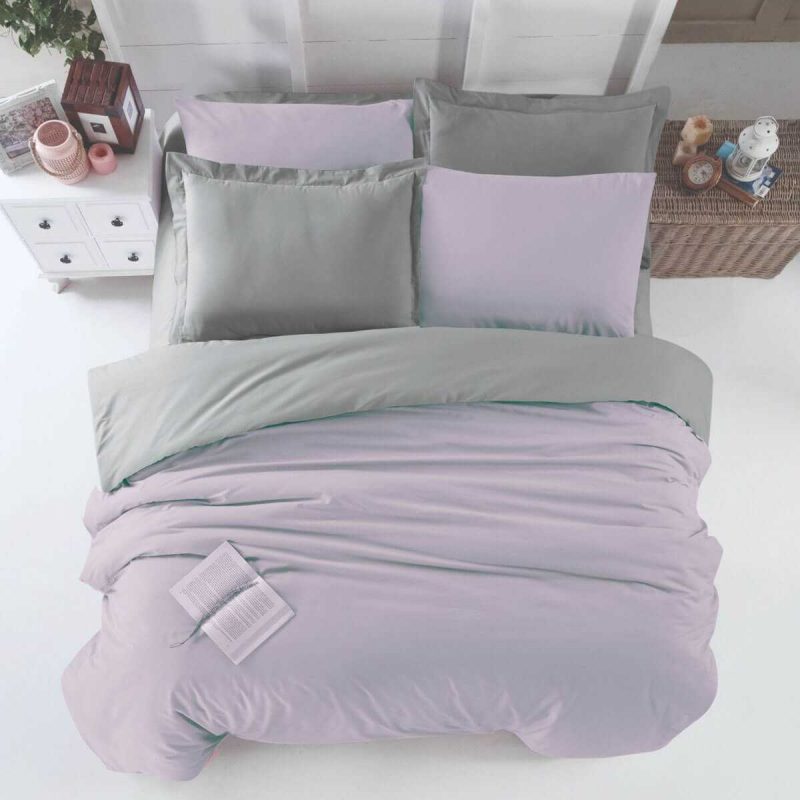 Çift Kişilik Lastikli Çarşaflı Nevresim Takımı Pamuklu Four Season Lila Gri