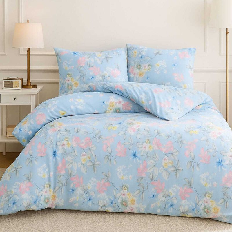 Çift Kişilik Pamuklu Nevresim Takımı Mavi Çiçek Desenli