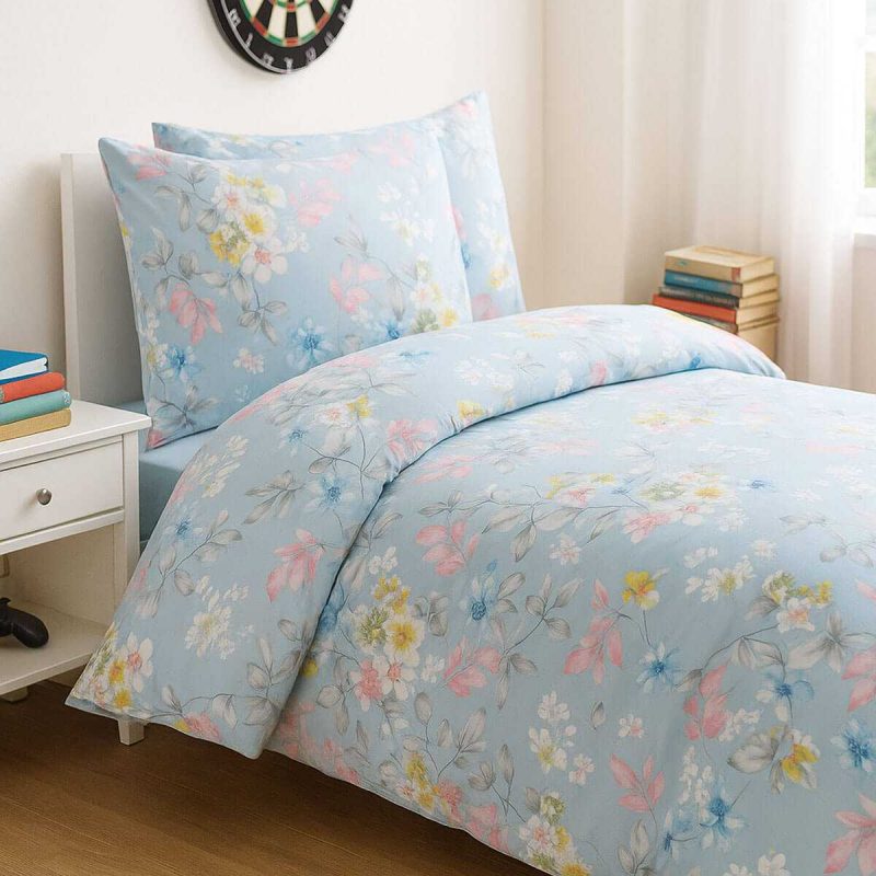 Mavi Çiçek Desenli Pamuklu Tek Kişilik Nevresim Takım