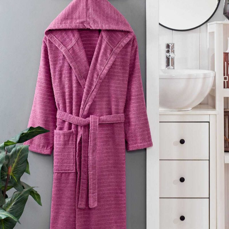 Kapüşonlu Unisex Banyo Bornozu %100 Soft Pamuklu Mürdüm