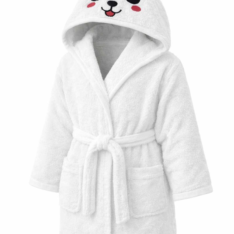 Sevimli Panda Nakışlı Beyaz Pamuklu Kapşonlu Çocuk Bornozu