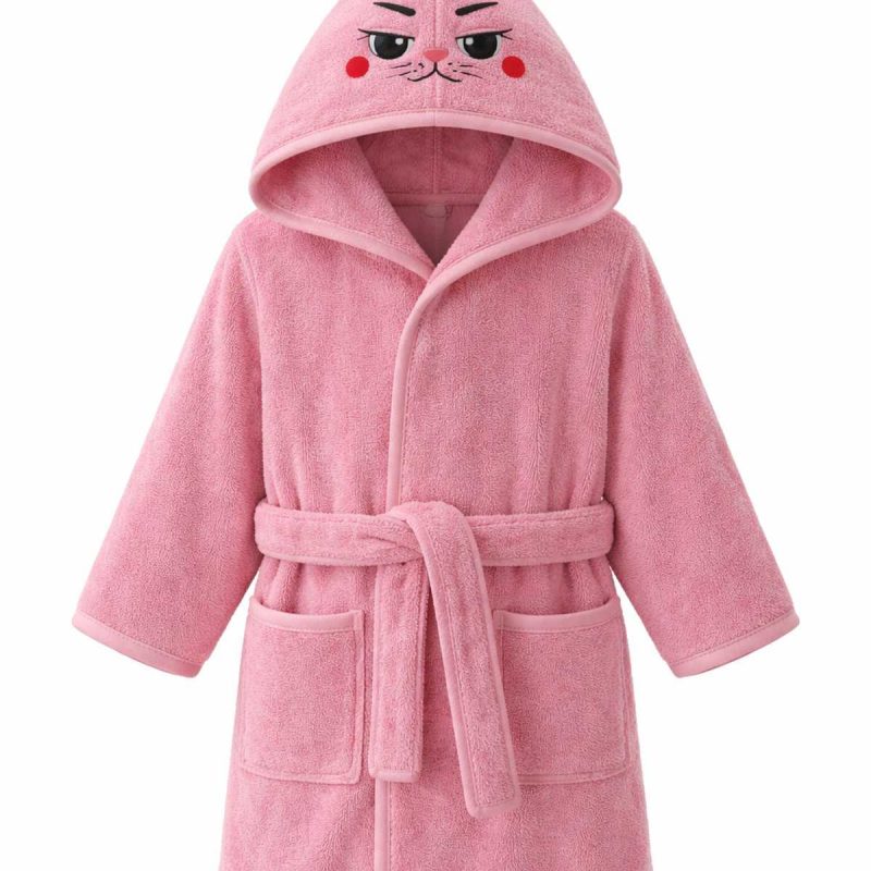 Pembe Tavşan Nakışlı Kulaklı Bebek ve Çocuk Bornozu