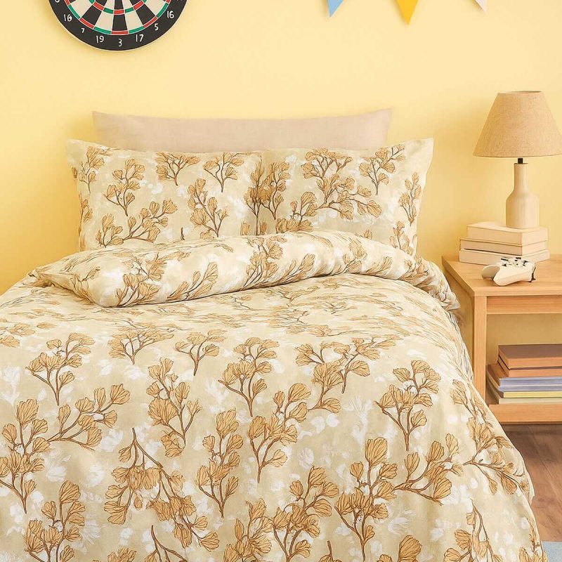 Sarı Yaprak Desenli Pamuklu Tek Kişilik Nevresim Takımı