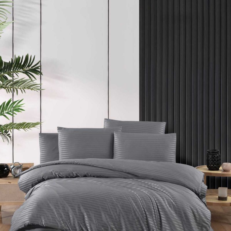 Stripe Saten Line Çift Kişilik Nevresim Takımı Antrasit