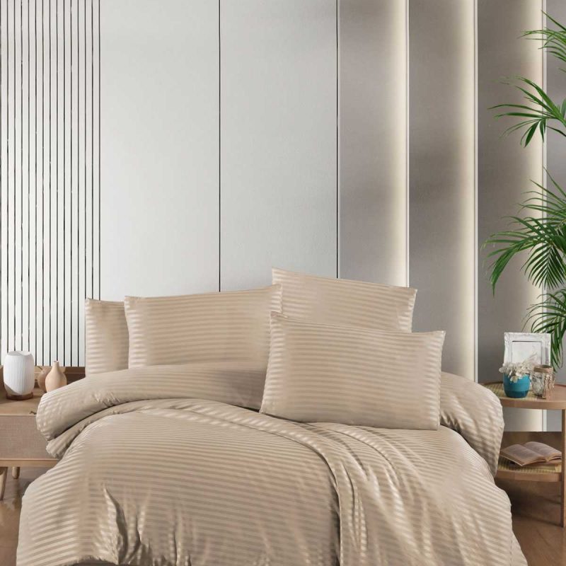 Stripe Saten Line Çift Kişilik Nevresim Takımı Bej
