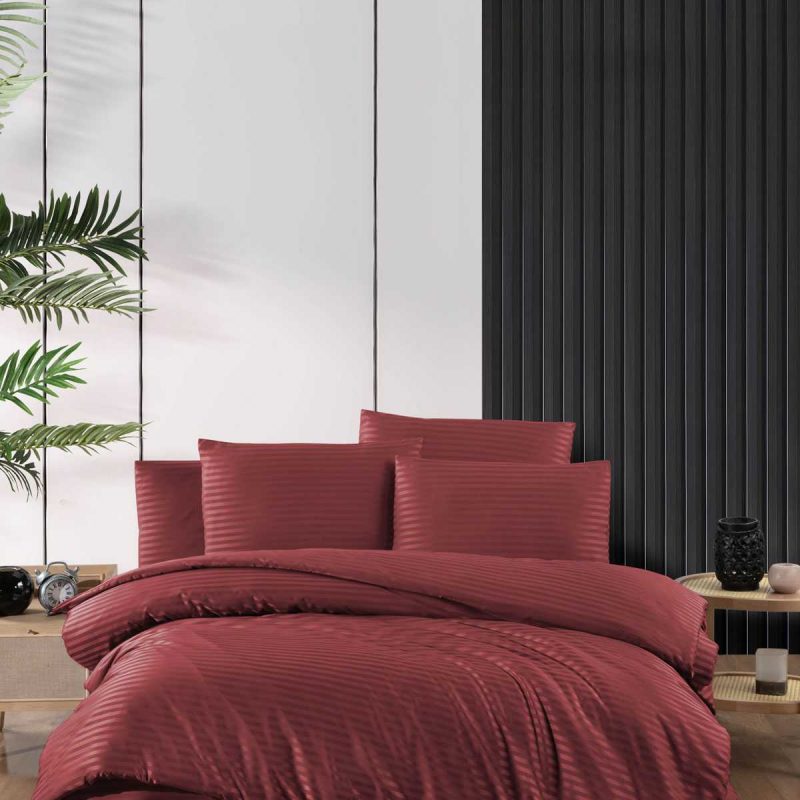 Stripe Saten Line Çift Kişilik Nevresim Takımı Bordo