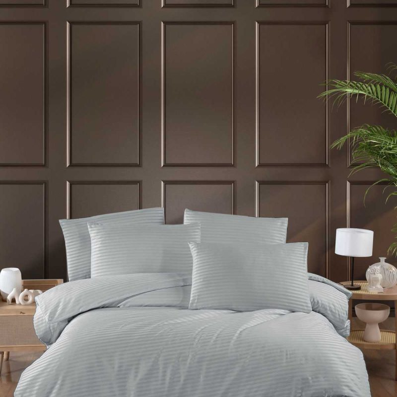 Stripe Saten Line Çift Kişilik Nevresim Takımı Gri