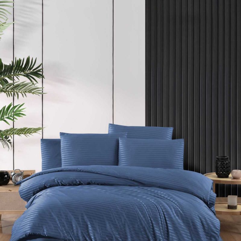 Stripe Saten Line Çift Kişilik Nevresim Takımı  İndigo