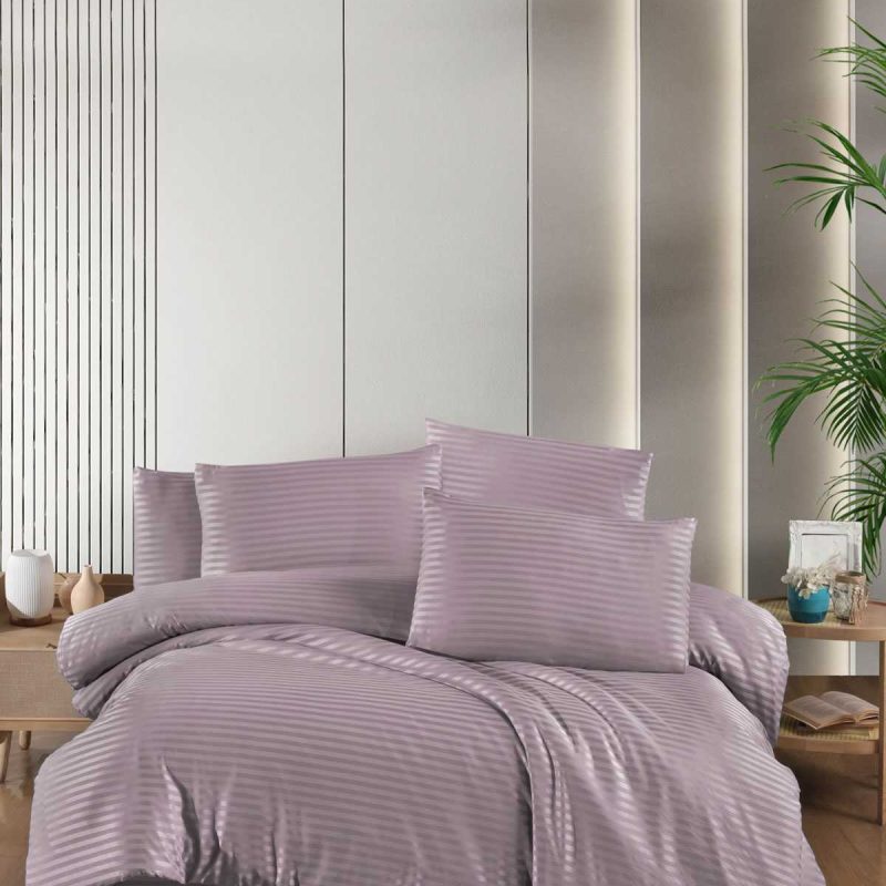 Stripe Saten Line Çift Kişilik Nevresim Takımı Mürdüm