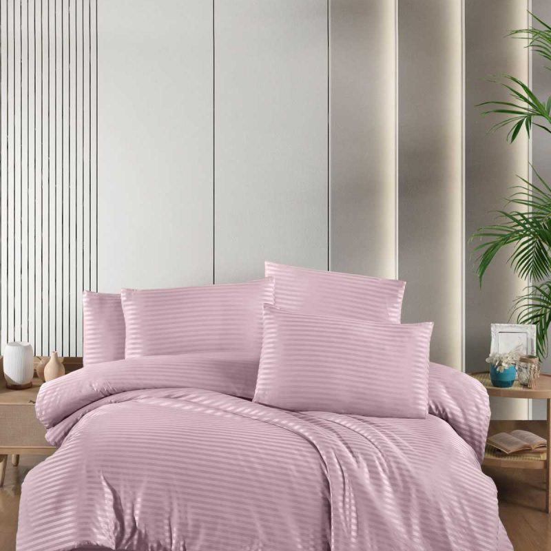 Stripe Saten Line Çift Kişilik Nevresim Takımı Pudra