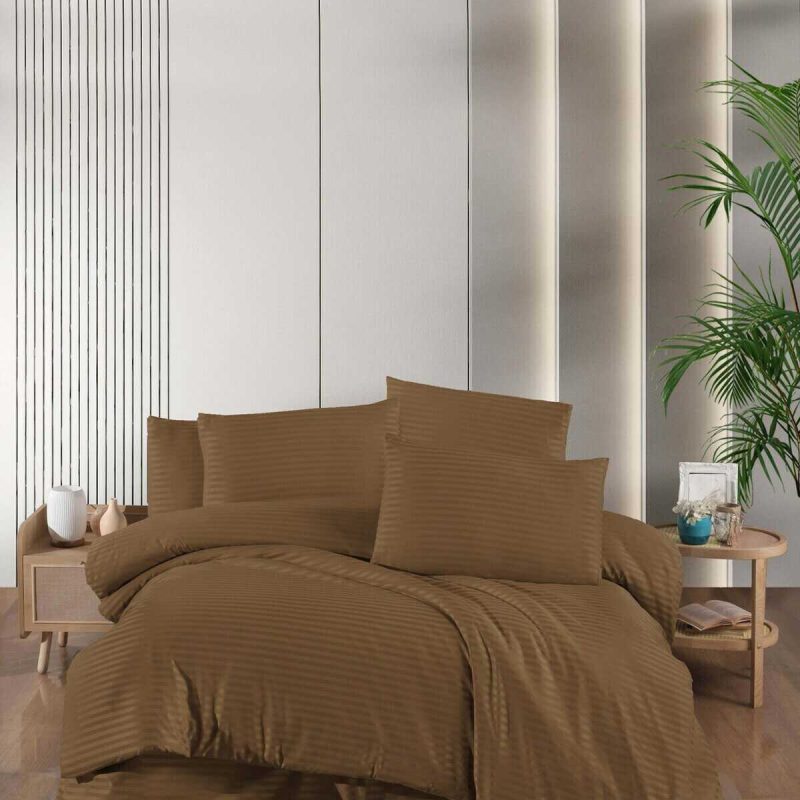 Stripe Saten Line Çift Kişilik Nevresim Takımı Kapiçino