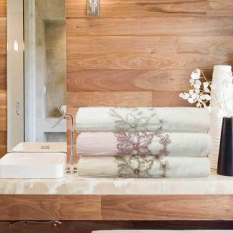 3 Lü Tül Dantel İşlemeli Boncuklu Havlu Seti 50X90 Cm