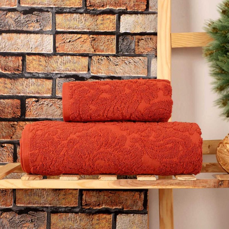 Mira Home 2 Parça Jakarlı Banyo Havlu Takımı Doku Desen Kiremit