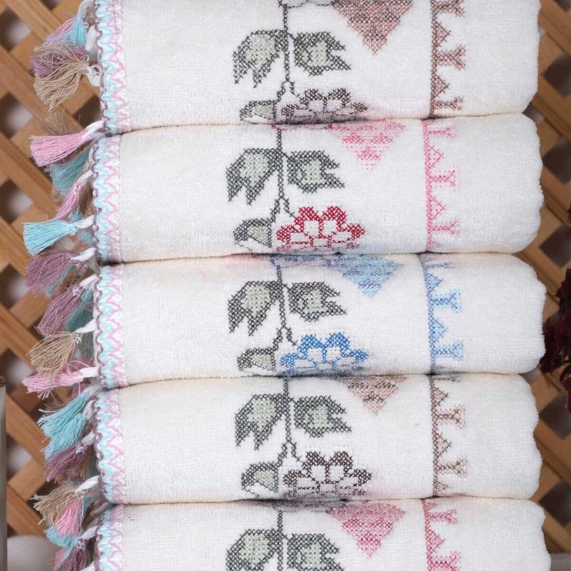 6 lı Kanaviçe Nakışlı Mutfak Havlusu Seti Püsküllü 30 x 50 Cm