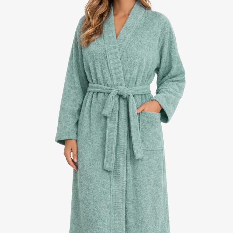 Kimono Yaka Unisex Pamuklu Tek Kişilik Bornoz  Yeşil