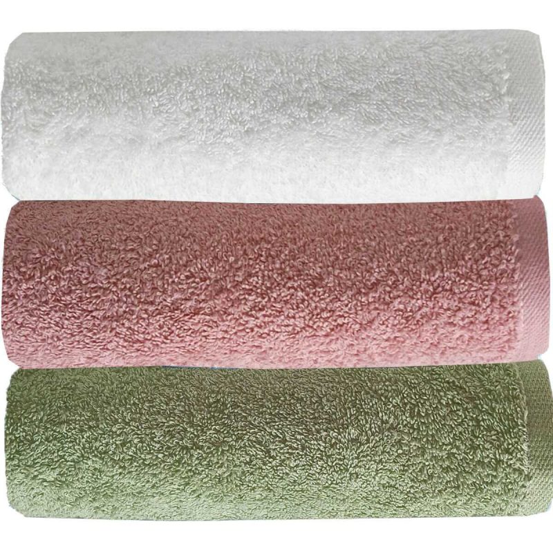 3 lü Düz Renk El Yüz Havlu Seti %100 Pamuklu 50x90 Cm Yeşil Gül Beyaz