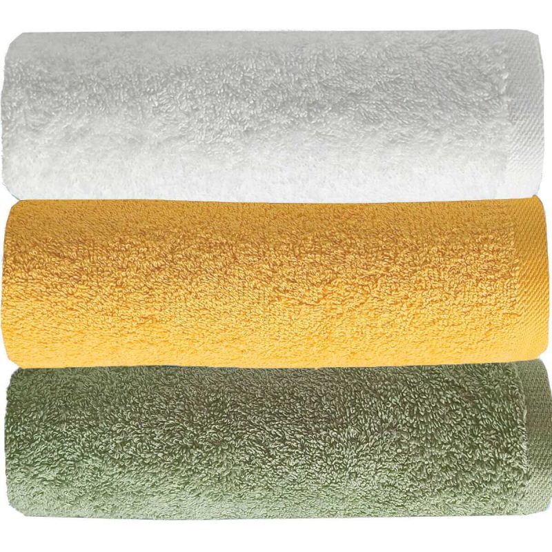 3 lü Düz Renk El Yüz Havlu Seti %100 Pamuklu 50x90 Cm Yeşil Sarı Beyaz