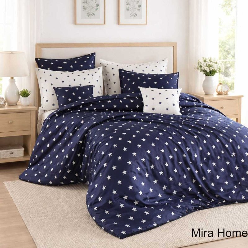 Çift Kişilik Yıldız Desenli Nevresim Takımı Pamuklu Lacivert/Beyaz