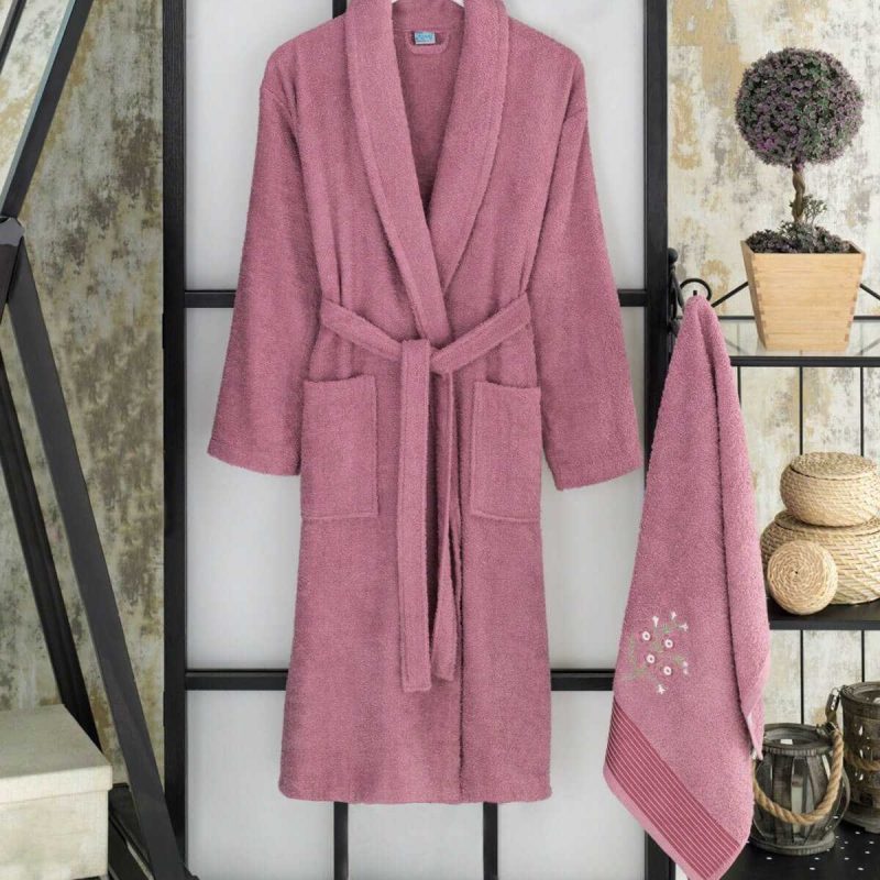 Kadın Havlulu Banyo Bornoz Takımı %100 Pamuklu Mürdüm