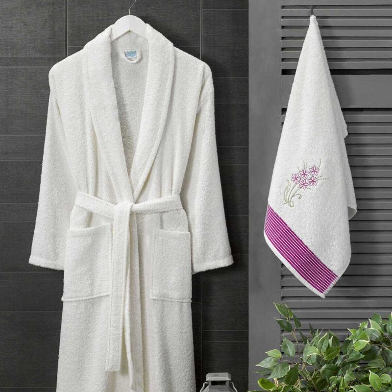 Kadın Havlulu Banyo Bornoz Takımı %100 Pamuklu Beyaz