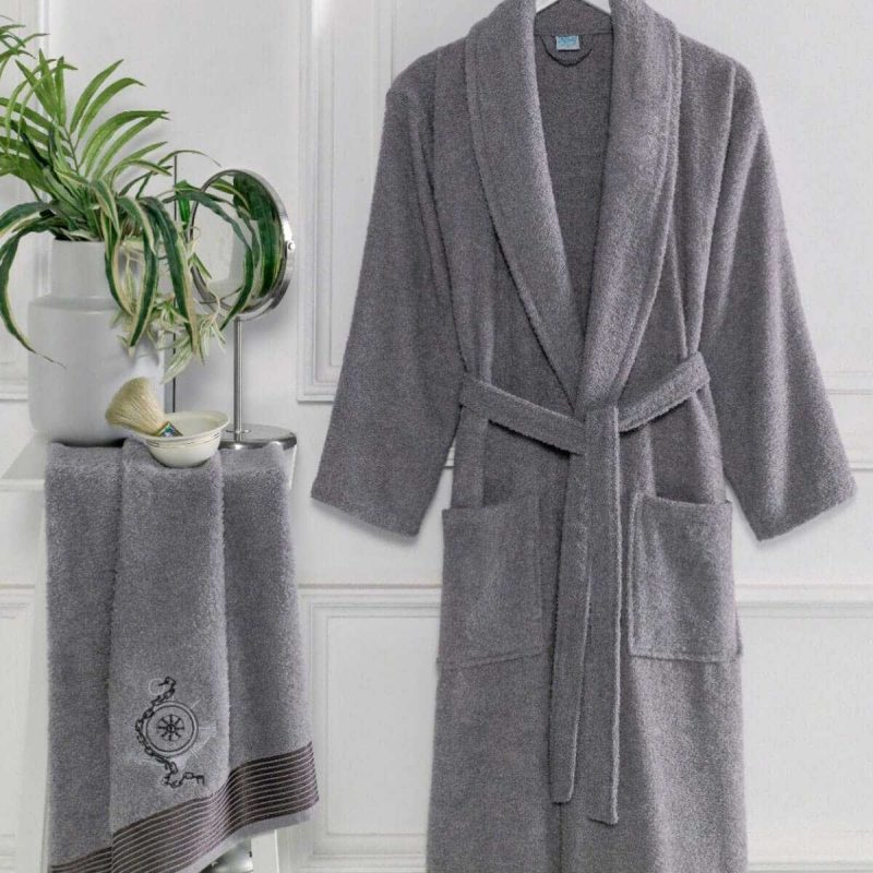 Erkek Havlulu Banyo Bornoz Takımı %100 Pamuklu Antrasit