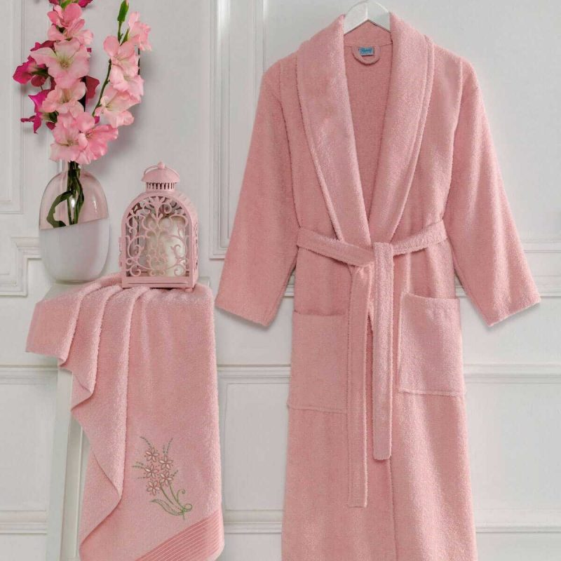Kadın Havlulu Banyo Bornoz Takımı %100 Pamuklu Pembe