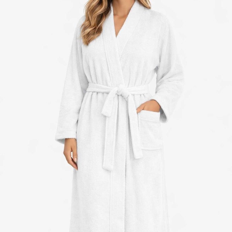 Kimono Yaka Unisex Pamuklu Tek Kişilik Bornoz Beyaz