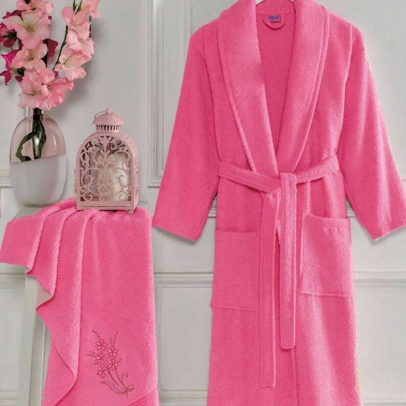 Kadın Havlulu Banyo Bornoz Takımı %100 Pamuklu Fuşya