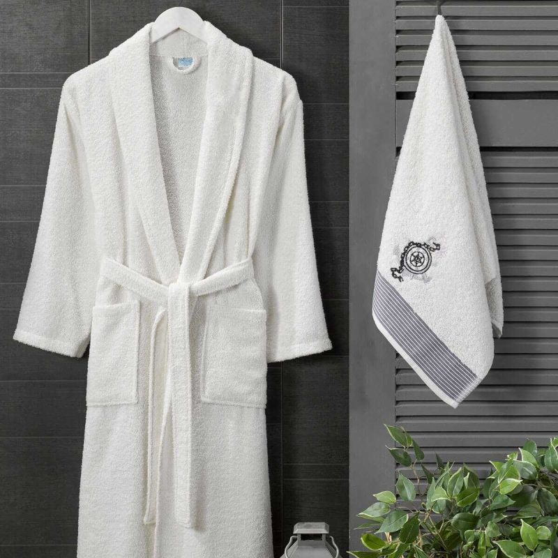 Erkek Havlulu Banyo Bornoz Takımı %100 Pamuklu Beyaz