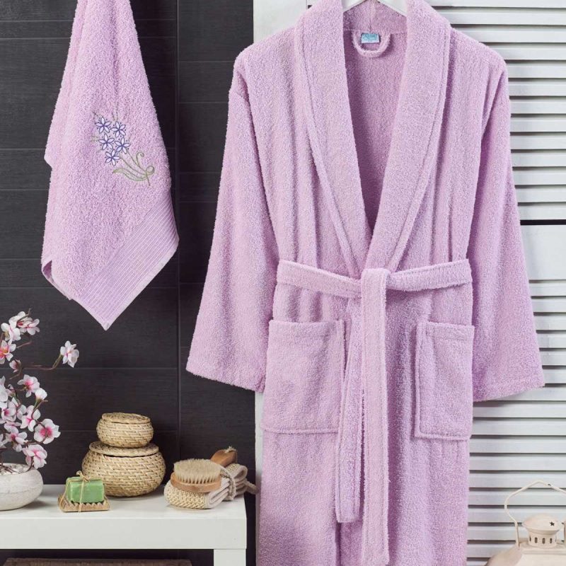 Kadın Havlulu Banyo Bornoz Takımı %100 Pamuklu Lila