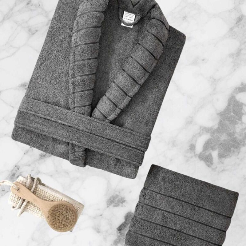 AquaLoom Lüx Erkek Bornoz ve Havlu Seti %100 Pamuklu Antrasit