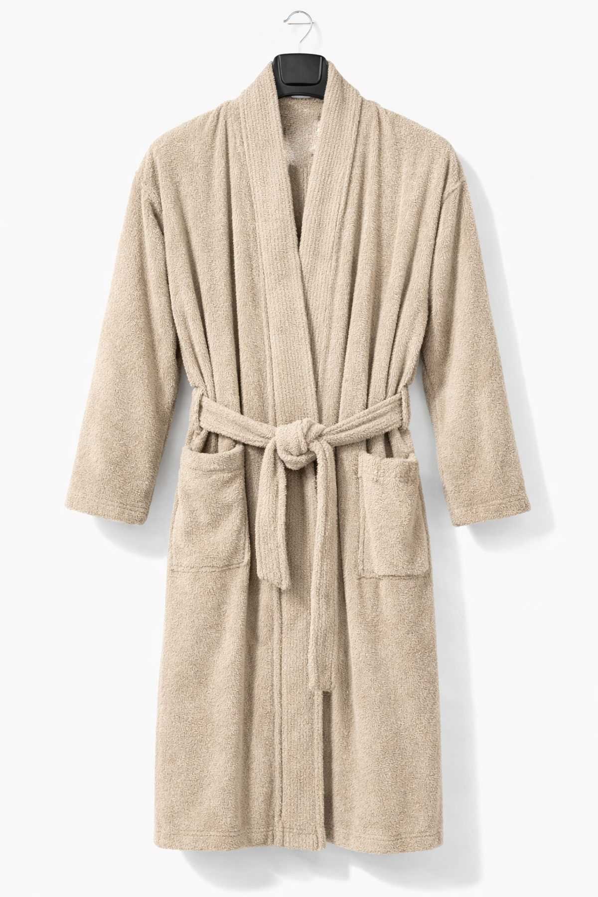 Kimono Yaka Unisex Pamuklu Tek Kişilik Bornoz Bej - Görsel 3