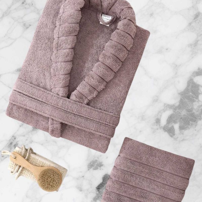 AquaLoom Lüx Kadın Bornoz ve Havlu Seti %100 Pamuklu Mürdüm