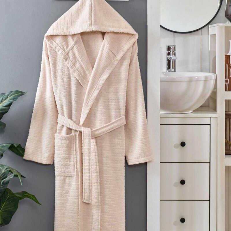 Kapüşonlu Unisex Banyo Bornozu %100 Soft Pamuklu Krem