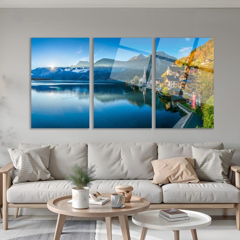 3'lü Set Cam Tablo Hallstatt Köyü Avusturya Göl Manzarası Dekorasyon