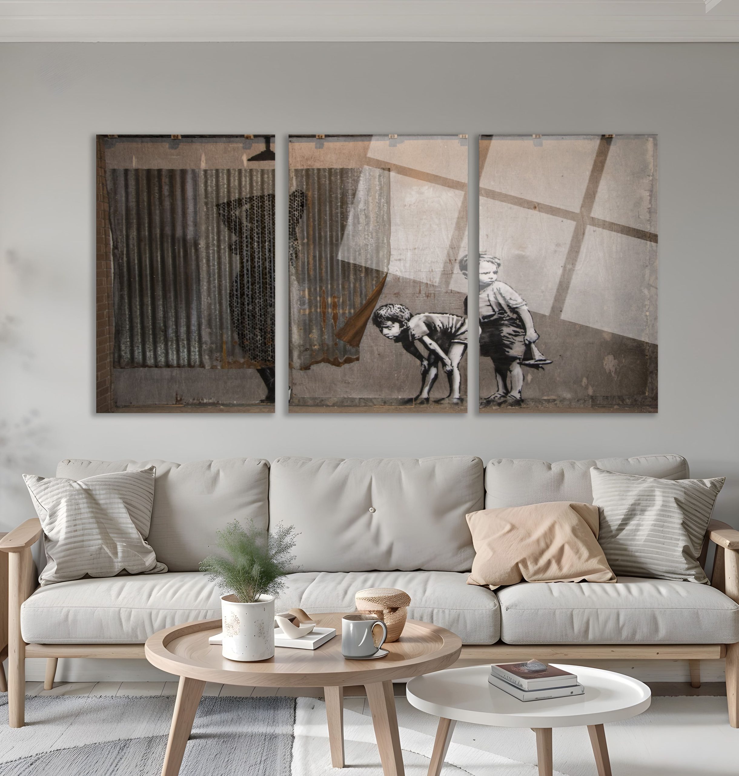 3'lü Set Cam Tablo Banksy Çocuklar Retro Street Art Vintage Dekorasyon - Görsel 5