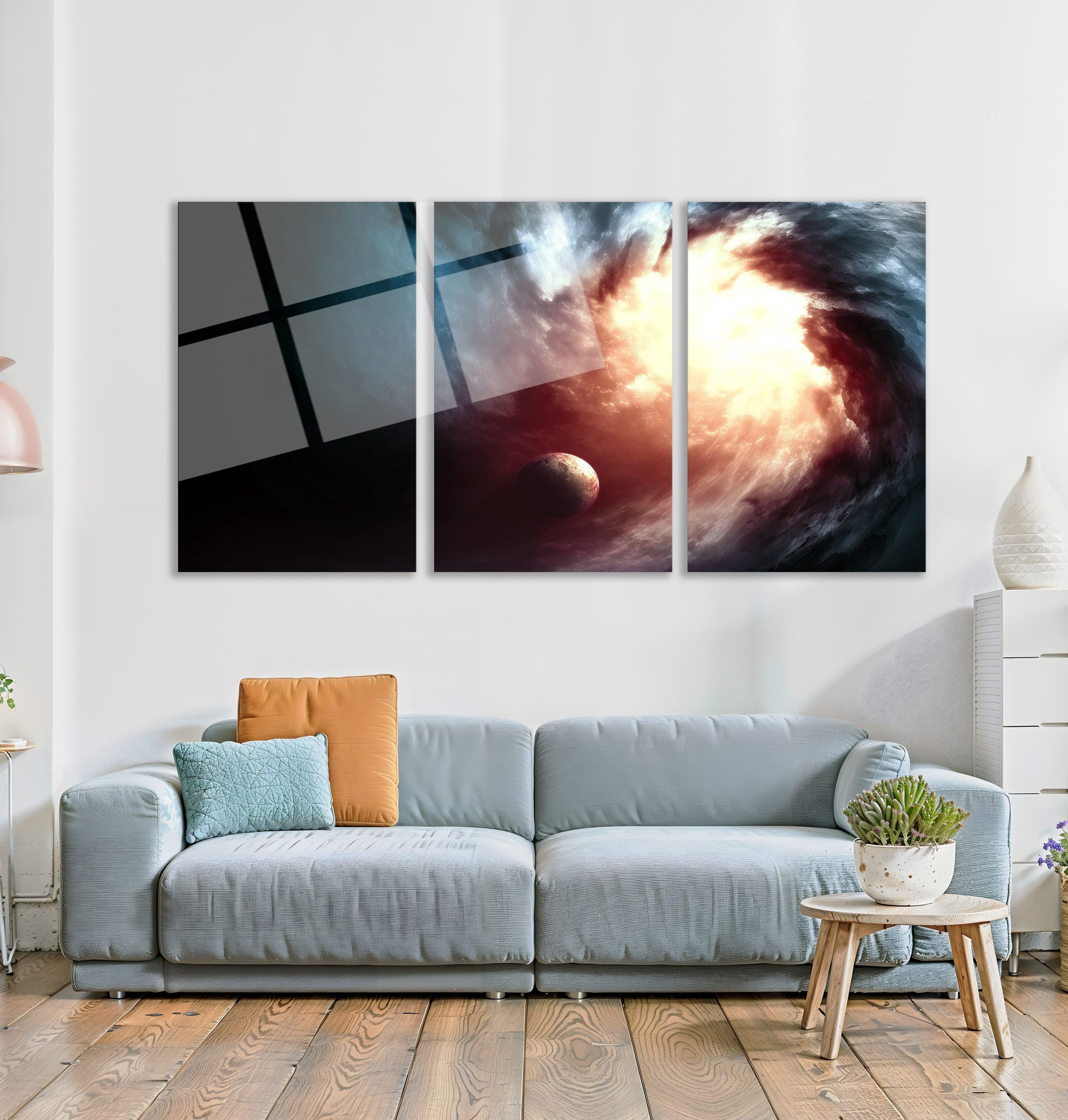 3'lü Set Cam Tablo Uzay Nebula Gezegen Fantastik Oturma Odası Dekorasyon - Görsel 3