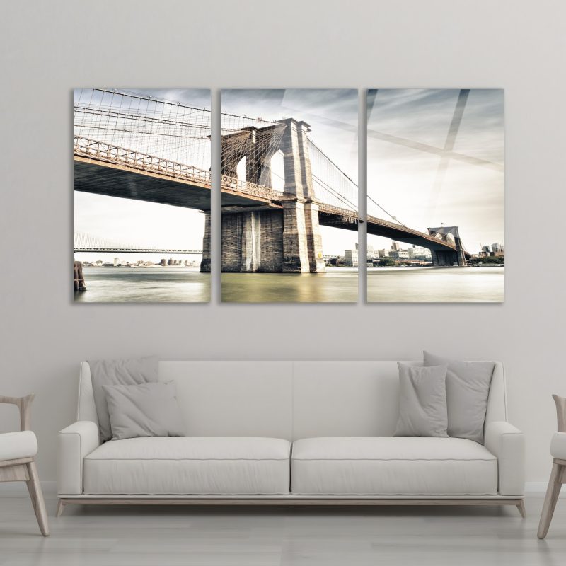 3'lü Set Cam Tablo Brooklyn Köprüsü Alttan Görünüm New York Dekorasyon