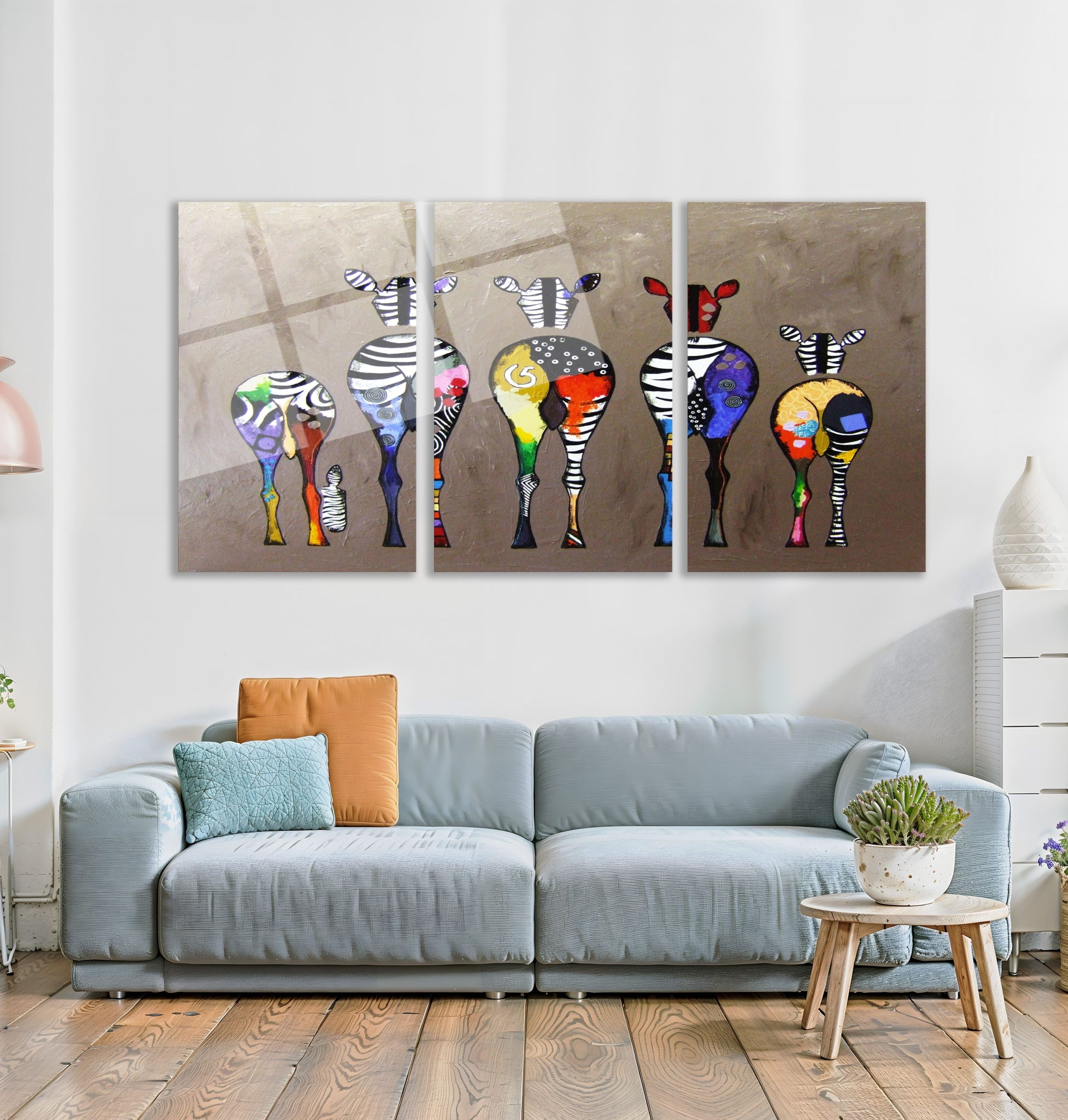 3'lü Set Cam Tablo Renkli Zebra Pop Art Hayvan Figürlü Dekorasyon - Görsel 3