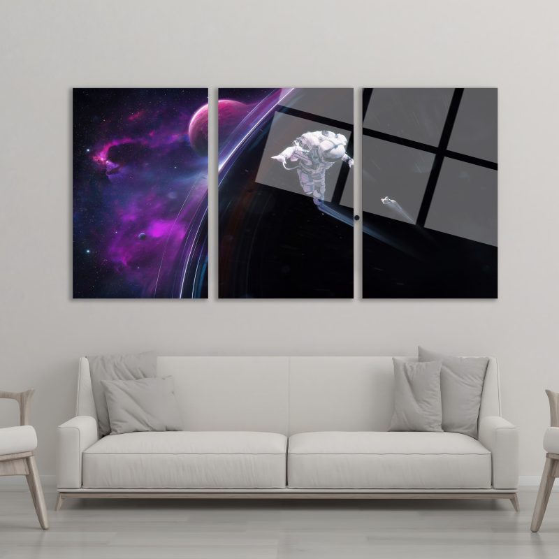 3'lü Set Cam Tablo Astronot Satürn Uzayda Süzülme Dekorasyon